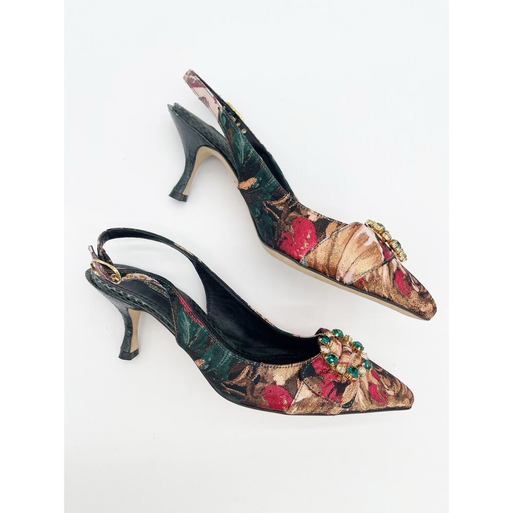Dolce & Gabbana Floral Brocade Crystal Pointed Toe Slingback Heels IT 37 - Picture 4 of 13